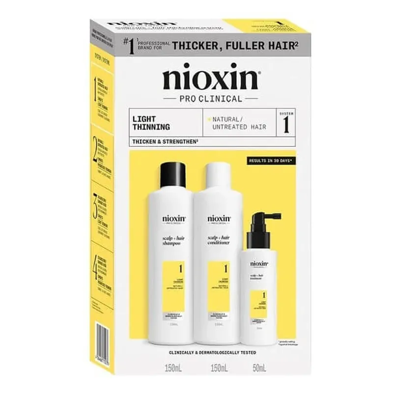 Nioxin System 1, Set de întărire pentru păr natural, ușor subțire, șampon 150 ml + balsam 150 ml + ser 50 ml Preferatul clienților