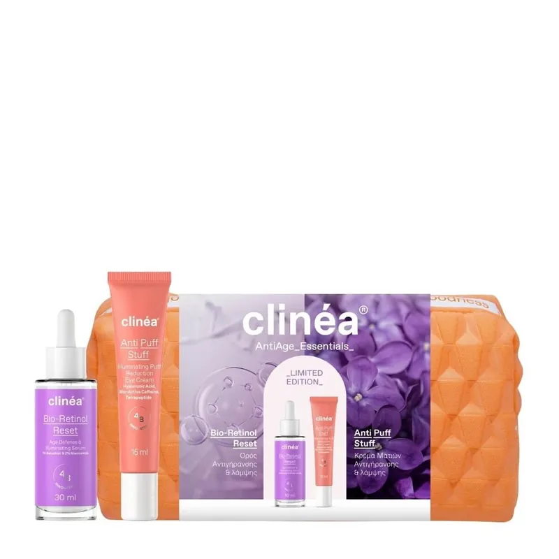 Doar azi Clinea Set cadou ediție limitată Antiage Essentials With Water & Bioretinol Reset Serum & amp; Serum & amp; Cremă de ochi Anti Puff Stuff 1 set